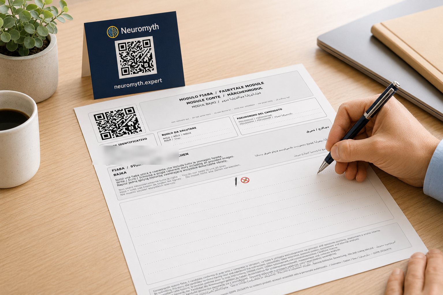 Candidate handwriting a NeuroMyth fairytale module with pen on paper — the AI-proof assessment method